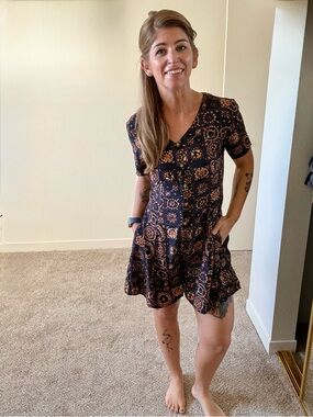 The Limited Black and Orange Floral Tile Mini Dress